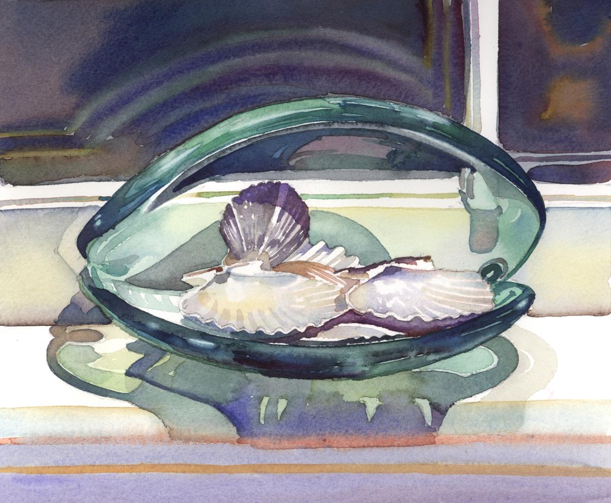 Shimmering Shells on Shelf - watercolor still life painting with sea shells by Frank Costantino