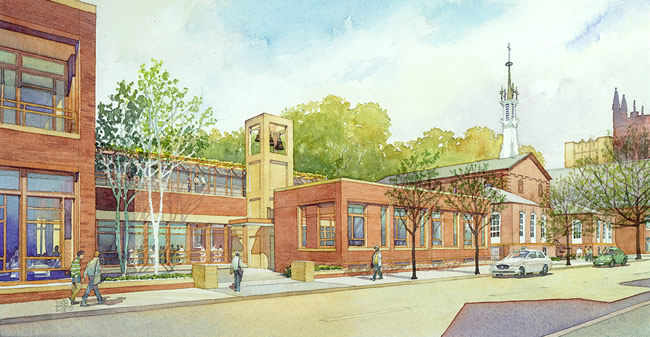 St. Thomas Moore Catholic Student Center - watercolor architectural illustration rendering by Frank Costantino