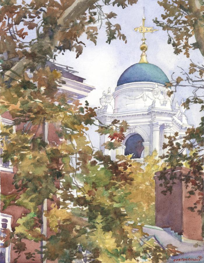 Standish Cupola Winthrop House Harvard - watercolor landscape painting of architecture building by Frank Costantino