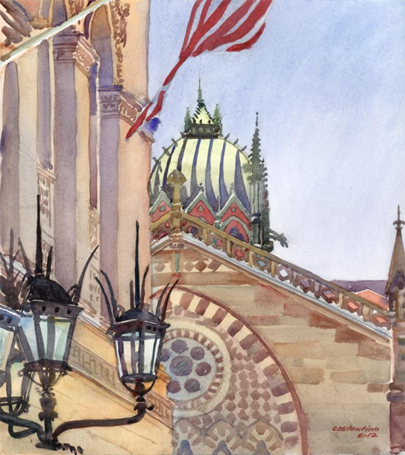 Steeple & Lanterns - Old South Church and Boston Public Library - watercolor landscape painting of buildings by Frank Costantino