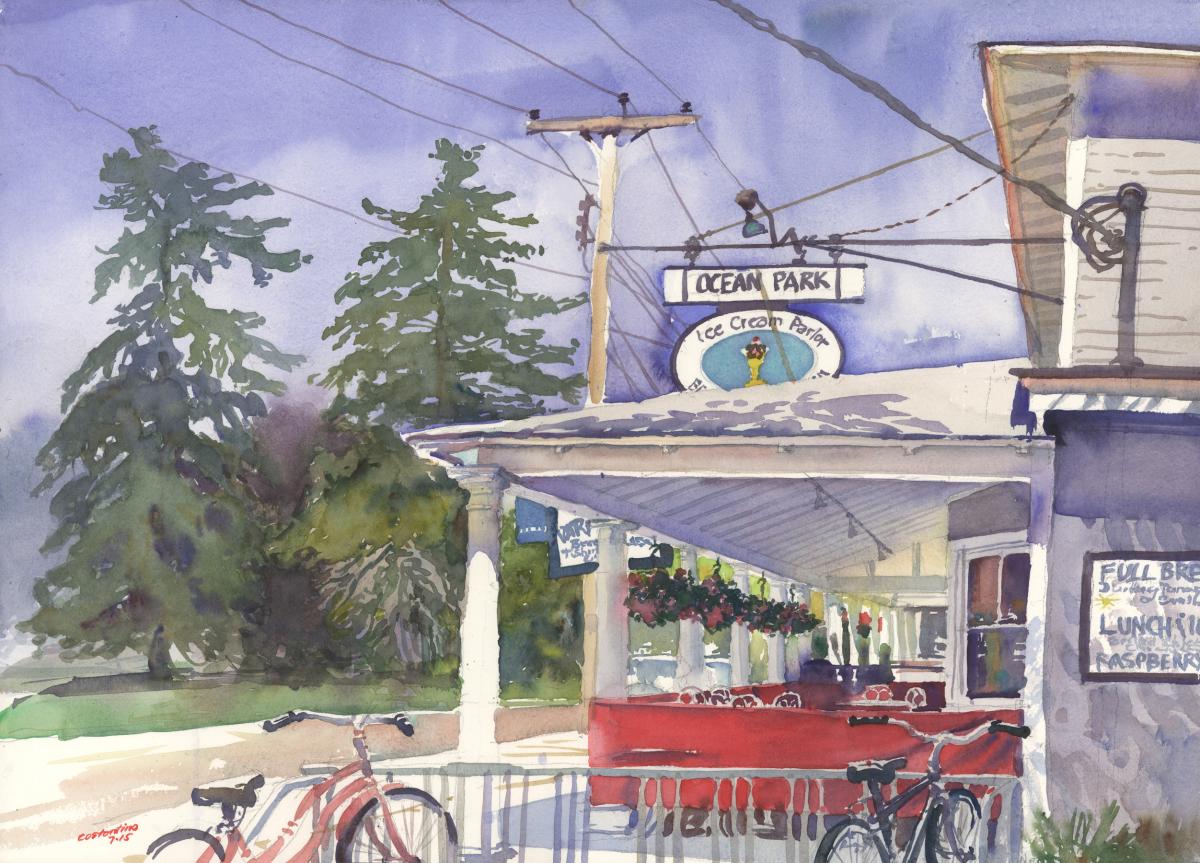 Summer's Welcome Respite - en plein air watercolor landscape painting of store building by Frank Costantino