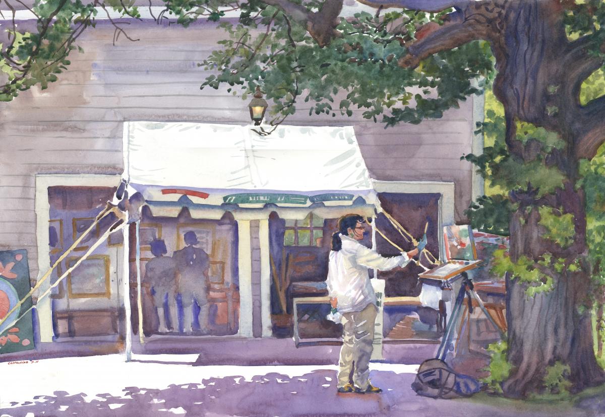 Taking an Artist's Measure - en plein air watercolor figure painting by Frank Costantino