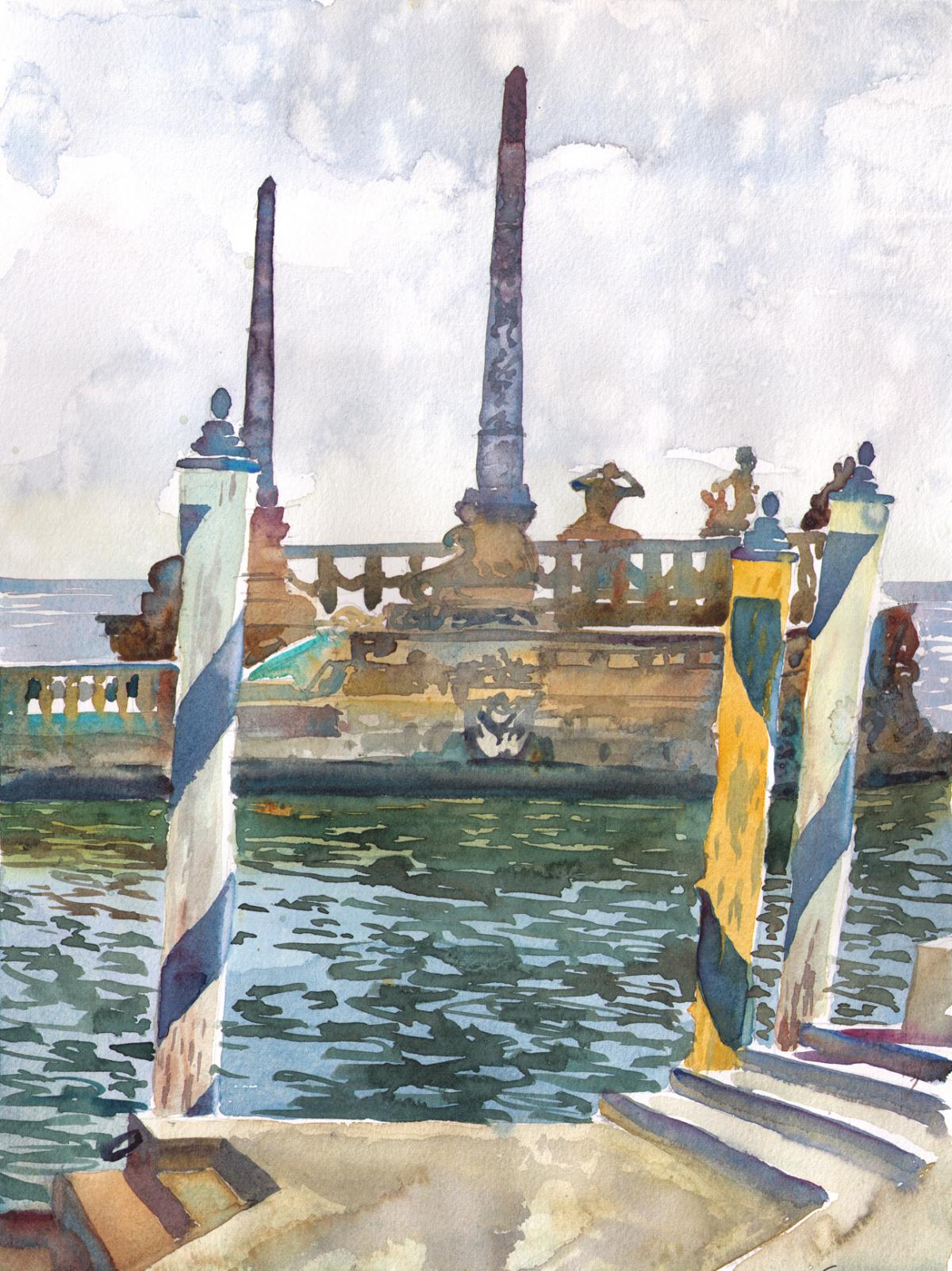 Vizcaya Ventian Barge - en plein air watercolor landscape painting by Frank Costantino