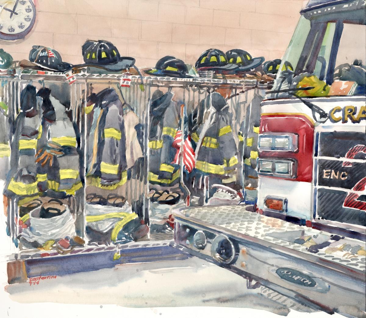 Waiting for the Call - watercolor painting of fire engine by Frank Costantino