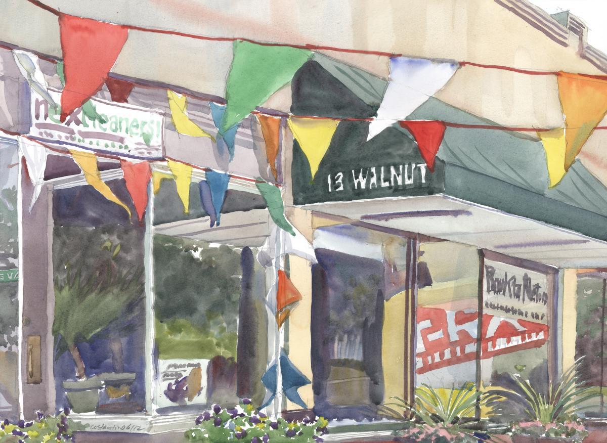 Walnut's Banners - en plein air watercolor urban street scene painting by Frank Costantino
