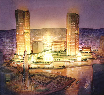Waterfront Master Plan Proposal, Yokohama, Japan - watercolor architectural illustration rendering by Frank Costantino