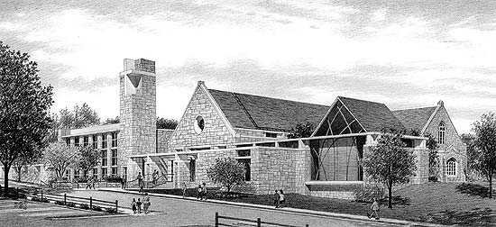 WestSide Presbyrterian Church - black and white pencil architectural illustration rendering by Frank Costatino
