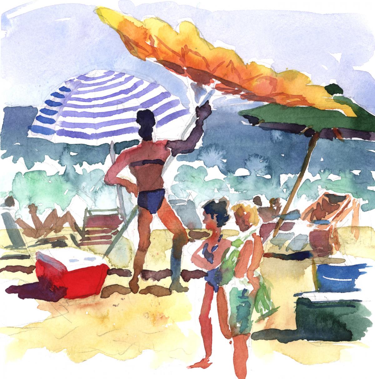 Windblown on Surfside - en plein air watercolor seascape beach scene painting by Frank Costantino.