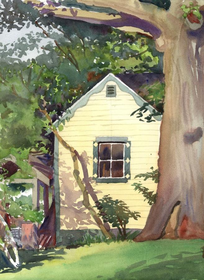 Yellow Garden Shed - en plein air watercolor landscape building painting by Frank Costantino