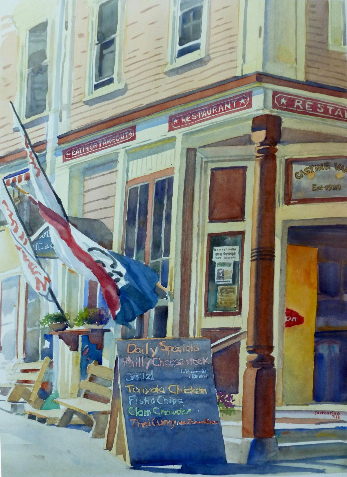 Castines Corner Store - en plein air watercolor landscape painting of building by Frank Costantino
