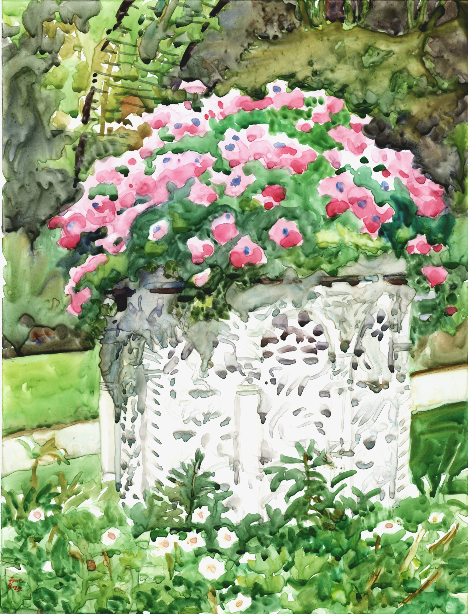 Effusive Floral Urn - en plein air watercolor painting by Frank Costantino